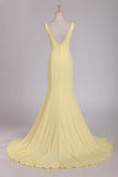 2024 Mermaid V Neck Open Back Prom Dresses Court Train P5147Y1A