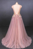 V Neck Sleeveless Tulle Prom Dress With Appliques A Line Tulle P3S14Q15