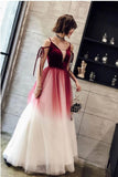 A Line Spaghetti Straps Ombre Long Tulle Prom Dresses, Burgundy V Neck Evening Dress STI15029