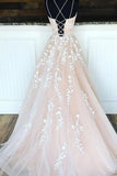 Princess Spaghetti Straps A Line Appliques Tulle Lace up Pink Prom Dresses STI15305