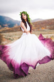 Flowy Two Pieces White Straps Prom Dresses Bateau Fuchsia Dyed Chiffon Wedding Dress STI15233