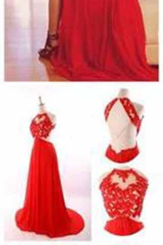 Red Backless Sexy Lace Unique Halter A-Line Slit Criss Cross Sleeveless Prom Dresses