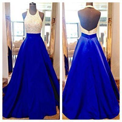 Charming Long Sexy Backless Halter Backless Sleeveless Beads with Pockets Prom Dresses