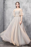 Elegant Off Shoulder Floor Length Tulle Prom Dress, Lace up Bridesmaid Dresses STI15185