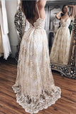 Pretty Champagne Lace Open Back V-Neck Prom Dresses PP3TLX6C