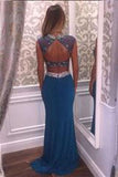 Two Pieces Beading Charming Open Back Blue High Neck Mermaid Long Prom Dresses