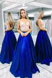 Two Pieces Satin Prom Dresses Spaghetti Strap Long Party Dress With PCP4FQ97