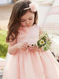 Cute Pink Tulle Flower Girl Dresses with Sash Floor Length, Round Neck Child Dresses STI15575