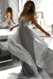 Flowy A Line Spaghetti Straps Grey Tulle Long Prom Dresses Cheap Dance Dresses STI15228