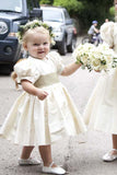 Vintage Juliet Sleeves Tea Length Round Neck Satin Flower Girl Dresses, Little Dresses STI15606