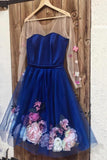 Unique Long Sleeve Blue Short Prom Dresses With 3D Appliques, Homecoming Dress STI15604