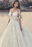 Pretty Half Sleeves Ivory Lace Ball Gown Wedding Dresses Modest PBCHA8RA