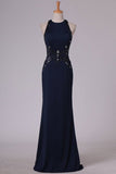 2024 Black Prom Dresses Scoop Sheath With Beading Open Back PXASC233