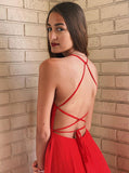Simple Red Sleeveless Chiffon Backless Split Long Prom Dresses