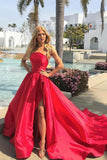 Simple Red Sleeveless Satin Split Long Prom Dresses