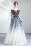 A Line Half Sleeves Tulle Long Ombre Prom Dress with Appliques Blue Evening Dresses STI15001