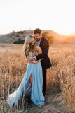 Thigh Split Sky Blue Rustic Beach Wedding Gown With Court Train Evening PDBYT67A