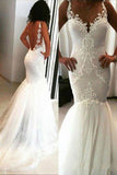 Elegant Mermaid White V Neck Appliques Wedding Dresses, Tulle Beach Wedding Gowns STI15183