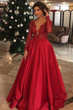 Elegant Long Sleeve Red Lace Beads Long Prom Dresses, A Line Satin Evening Dresses STI15174