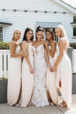 A Line Chiffon Spaghetti Straps Blush Pink Bridesmaid Dresses with Split, Long Prom Dress STI15486
