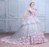 Scoop Ball Gown Gray Tulle Sleeveless Bowknot Empire Waist Wedding Dress with Pink Flowers