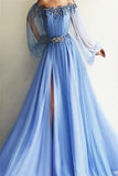 Newest Long Beading Lace Tulle A-Line Blue Prom Dresses PS1F6R74