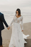 Charming A Line Long Sleeves V Neck Lace Ivory Beach Wedding Dresses, Bridal STI20395