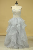2024 Plus Size Strapless Prom Dresses Organza With Beading Floor PYEH1HGT