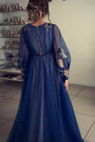 Charming A Line Long Sleeve Tulle Appliques Prom Dresses, Long Evening STI20456