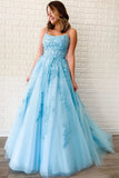 Unique A-Line Sky Blue Tulle Appliques Beads Scoop Prom Dresses with Lace STI20453