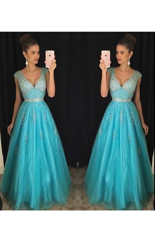2022 A Line V Neck With Beading Prom Dresses Floor PYRDA1AA