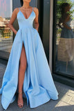 A Line Blue Satin Long Prom Dresses, V Neck High Slit Formal Evening Dresses with Pockets STI14992