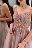 Gorgeous A-Line Spaghetti Straps V Neck Blush Tulle Prom Dresses, Cheap Evening Dresses STI15235