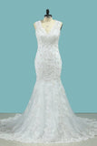 2024 New Arrival V Neck Wedding Dresses Tulle Mermaid With Applique P6RDLCNF