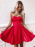 Simple Red Satin Sweetheart Strapless Homecoming Dresses Above Knee Short Prom Dresses STI14982