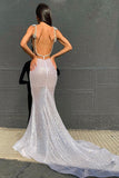 Sexy Deep V Neck Sequined Prom Dresses, Stunning Backless Mermaid Evening Dresses STI15595