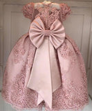 Princess Ball Gown Round Neck Pink Beads Flower Girl Dresses with Appliques STI15587