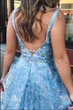 Elegant A Line Lace Appliques Blue V Neck Prom Dresses, Long Evening STI15635