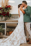 Elegant Mermaid Lace Appliques Straps V Neck Ivory Wedding Dresses, Beach Wedding Gowns STI15515