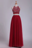 2024 Two Pieces Prom Dresses A Line Halter Beaded Bodice Tulle P5FN67TJ