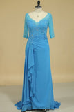 2024 Mid-Length Sleeves Chiffon Mother Of The Bride Dresses With Beads Royal P78CRFJT