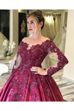 Prom Dress With Long Sleeves And Floral Embroidery Burgundy Colored Court STIPJ8SLMB9