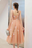 Cute Tea Length A Line Pink Short Prom Dress Sweet 16 Dresses with Hand Made Flower STI15138