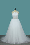 2024 A Line Wedding Dress Halter Beaded Straps And Waistline Tulle P9SZTYB7
