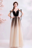 Spaghetti Straps Black Deep V Neck Formal Dress, Floor Length Tulle Ombre Prom Dresses STI15409