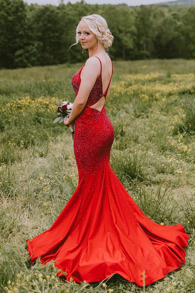 Noble Mermaid Beaded Spaghetti Straps Prom Dress