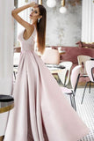 Vintage A Line Pink Satin Long Evening Dresses, Simple Dance Formal Dresses STI15541