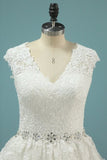 2024 V Neck A Line Beaded Waistline Wedding Dresses Lace P1BRHZ1F
