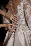 A-Line Lace 3/4 Sleeve Pockets Scoop Satin Button Floor-Length Wedding Dress