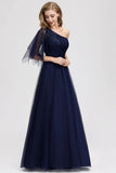 Simple A Line One Shoulder Navy Blue Tulle Prom Dresses Cheap Formal Dresses STI15382